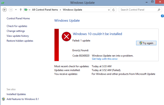 Microsoft cumulative update failed to install